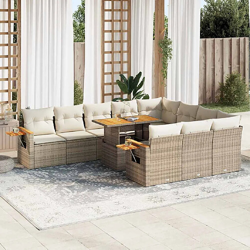 vidaXL Salon de jardin avec coussins 10pcs beige résine tressée acacia