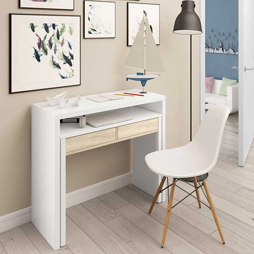 Dansmamaison Console bureau extensible Blanc/Chêne clair - NIAL