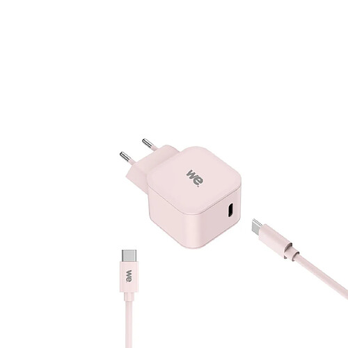 WE POP Pack Chargeur secteur + Câble USB-C/USB-C Rose poudrée : Chargeur secteur rose PD 20W port USB-C - Câble USBC-USBC 60W 1 mètre en silicone rose