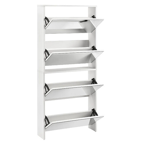 Helloshop26 Étagère à chaussures design meuble de rangement 4 compartiments stockage pour 12 paires façade miroir panneaux de particules mélaminés 134 x 63 x 17 cm blanc 03_0005167