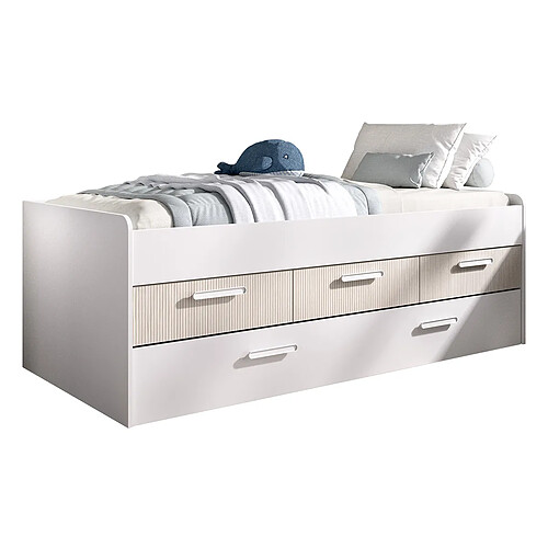 Pegane Lit enfant en bois coloris imitation lamelles, blanc - Longueur 194 x Profondeur 95 x Hauteur 67 cm