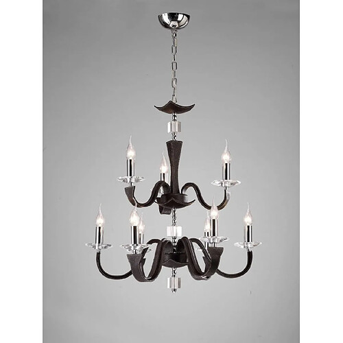 Luminaire Center Suspension Nardini 2 Tier 9 Ampoules chrome poli marron foncé Faux cuir/cristal