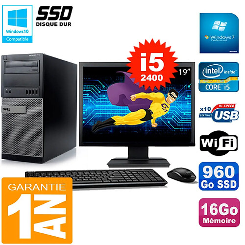 PC Tour DELL 7010 Ecran 19" Core I5-2400 RAM 16Go Disque 960 Go SSD Wifi W7 · Occasion