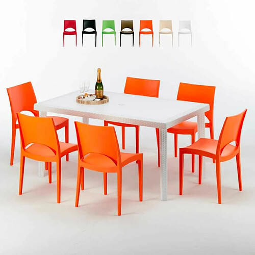 Table Rectangulaire Blanche 150x90cm Avec 6 Chaises Colorées Grand Soleil Set Extérieur Bar Café Paris Summerlife, Couleur: Orange