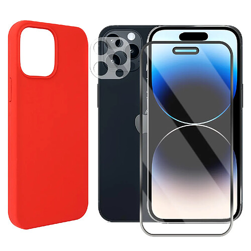 Protection intégrale Verre Trempé pour iPhone 14 Pro + Verre Trempé Caméra Arrière + Coque souple silicone Rouge -Visiodirect-