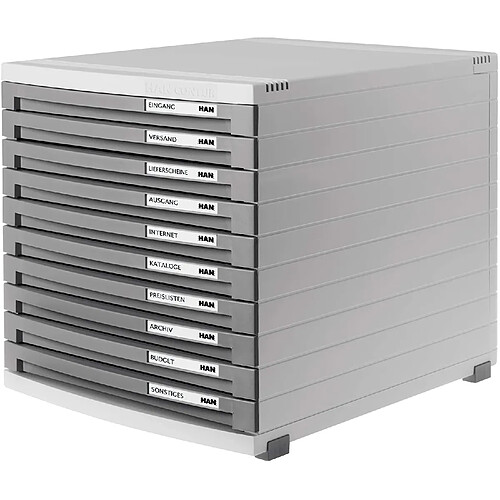 HAN 1510-19, module à tiroirs CONTUR, système d'organisation moderne, extensible, qualité premium pour une organisation professionnelle avec 10 tiroirs fermés, gris clair-gris foncé