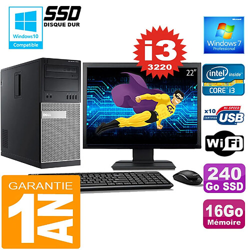 PC Tour DELL 7010 Core I3-3220 Ram 16Go Disque 240 Go SSD Wifi W7 Ecran 22" · Occasion