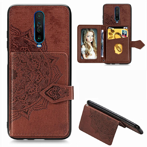 Wewoo Coque Pour Xiaomi Redmi K30 Mandala Tissu magnétique en relief PU + TPU + PC Case avec support et fentes cartes et portefeuille et cadre photo et sangle marron