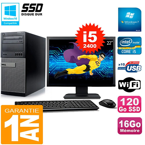 PC Tour DELL 7010 Ecran 22" Core I5-2400 RAM 16Go Disque 120 Go SSD Wifi W7 · Occasion