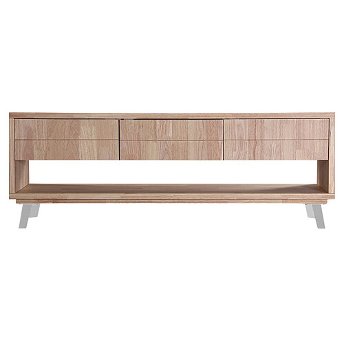 Pegane Meuble TV en bois mélaminé coloris chêne miel, pieds en métal blanc - Longueur 180 x profondeur 40 x hauteur 61 cm