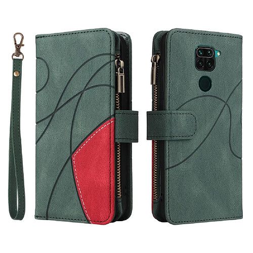 Coque en TPU + PU épissage bicolore avec poche zippée et porte-cartes, vert pour votre Xiaomi Redmi Note 9 (MTK Helio G85)/Redmi 10X 4G