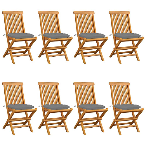 vidaXL Chaises de jardin et coussins gris lot de 8 Bois de teck massif