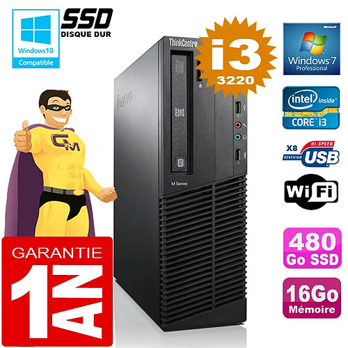 PC Lenovo M92p SFF Core I3-3220 Ram 16Go Disque 480 Go SSD Graveur DVD Wifi W7 · Occasion