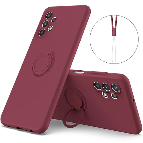 Coque en silicone avec béquille à anneau rotatif à 360°, flexible et écologique avec sangle rouge vin pour votre Samsung Galaxy A32 5G