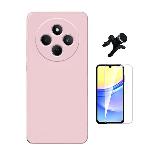 Kit Verre Trempé Clearglass + Housse Silicone Liquide + Support De Voiture Magnétique Phonecare Pour Xiaomi Redmi 14R - Rose