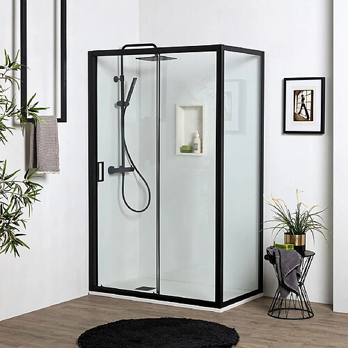 Kiamami Valentina PORTE DE DOUCHE NICHE NOIR MAT AVEC 1 PORTE FIXE ET 1 PORTE COULISSANTE DE 100 CM + PAROI FIXE L: 80 CM H: 190 CM VERRE TRANSPARENT | CITY