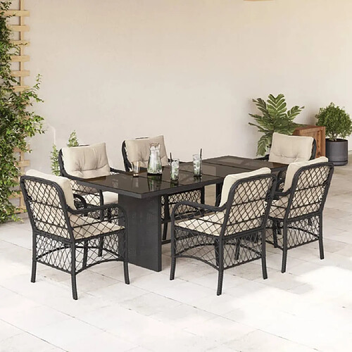 vidaXL Ensemble à manger de jardin coussins 7pcs Noir Résine tressée