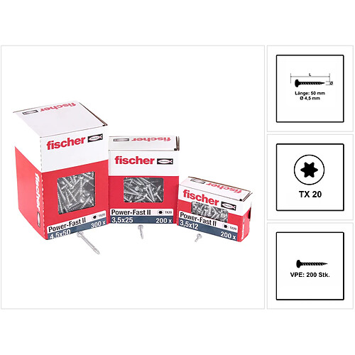 Fischer Power-Fast II FPF II Vis à bois aggloméré 4,5x50 mm, 200 pcs., tête ronde, empreinte Torx, filetage total, zingué et passivé bleu ( 670636 )