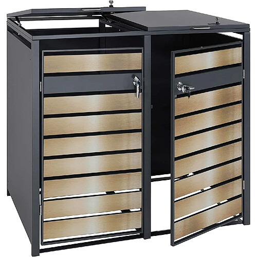 Decoshop26 Abri de poubelle en métal pour deux poubelles de 80 à 240 litres anthracite aspect bois d hêtre doré MDJ04175