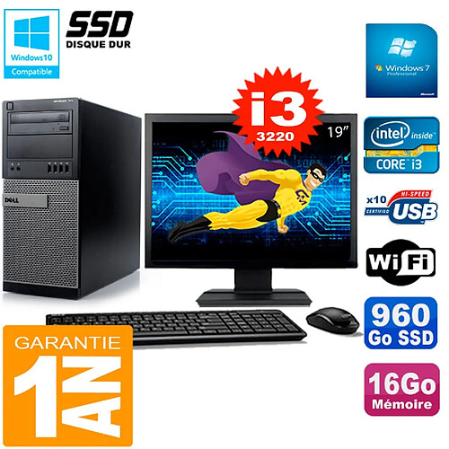 PC Tour DELL 7010 Ecran 19" Core I3-3220 RAM 16Go Disque 960 Go SSD Wifi W7 · Occasion