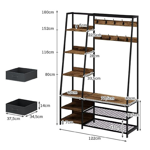 Helloshop26 Meuble d’entrée grand porte manteau 9 crochets doubles 2 tiroirs 6 étagères 1 banc à chaussures de style industriel brun 20_0005273
