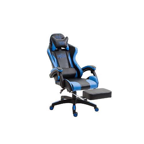 Decoshop26 Fauteuil de bureau repose-pieds télescopique design sportif gamer en PVC noir / bleu et plastique 10_0002507