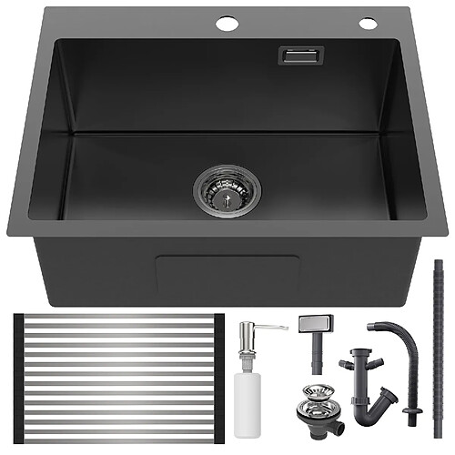 AURALUM MAX Évier Cuisine Noir 58*45*18CM,Lavabo Cuisine 1 Bac avec Égouttoir Enroulable et Distributeur de Savon,Inox, Montage à Encastrer/ à Fleur