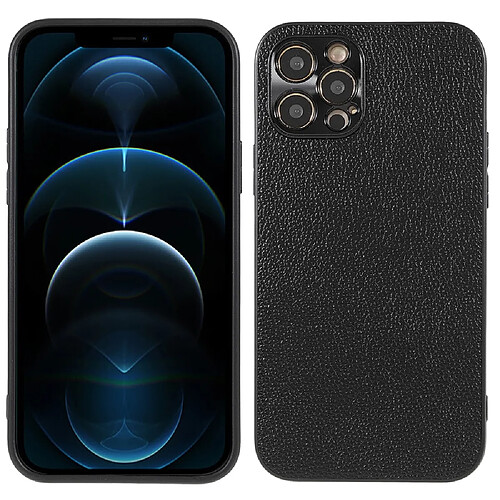 Coque en cuir véritable antichoc, texture litchi noir pour votre iPhone 12 Pro 6.1 pouces