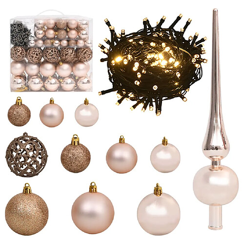 vidaXL Set de boules de Noël avec pic et 300 LED 120pcs Doré rose