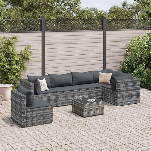 vidaXL Salon de jardin 7 pcs avec coussins Gris Résine tressée