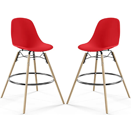 ICONIK INTERIOR Tabouret de Bar - Design Scandinave - Pieds en Bois - Lot de 2 - Skögur Rouge