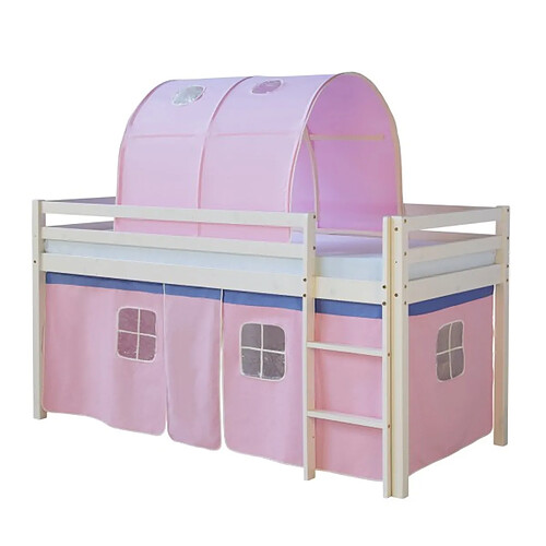 Homestyle4U Lit mi-hauteur avec rideaux et tunnel rose pale