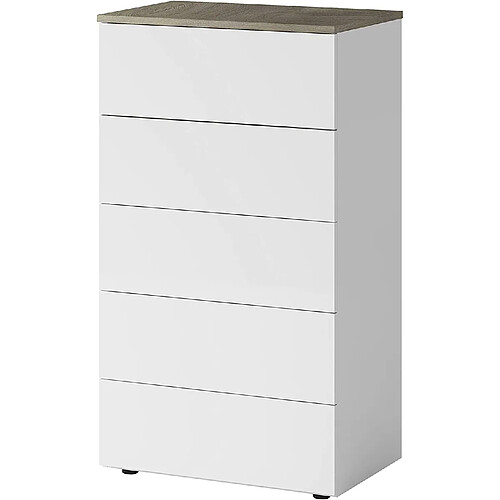 Pegane Commode avec 5 Tiroirs coloris blanc artic / Alaska chêne à nœuds - Hauteur 109 x Longueur 61 x Profondeur 40 cm