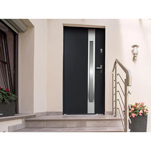 Vente-Unique Porte d'entrée en acier vitrée avec inox H207 x L100 cm - verre dépoli - anthracite - poussant gauche - BRAGA