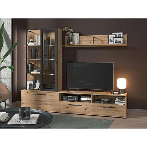 Vente-Unique Mur TV DUBLIN avec rangements - Coloris: Chêne & noir