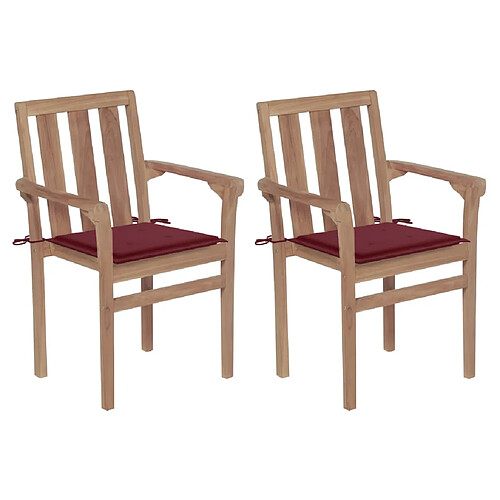 vidaXL Chaises de jardin lot de 2 coussins rouge bordeaux Teck massif