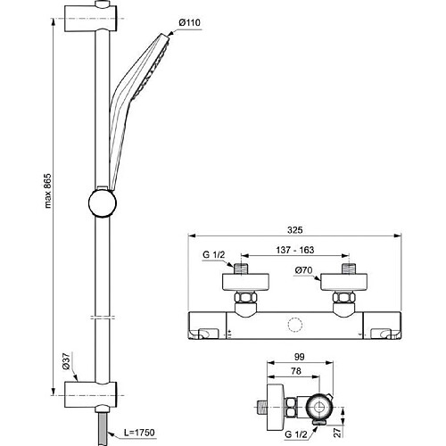 Ideal Ensemble de douche thermostatique - CERATHERM T50 - barre 90 cm et douchette ronde Ø11 cm 3J - Chrome