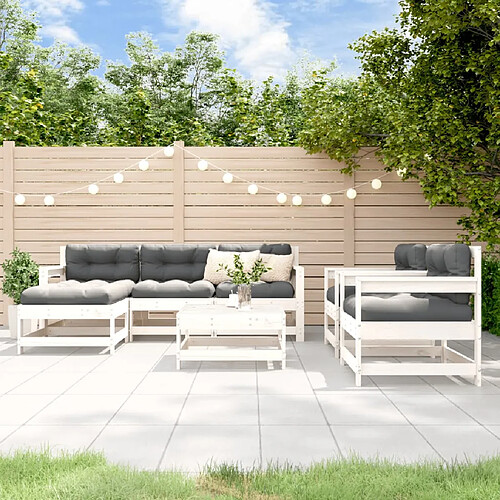 vidaXL Salon de jardin 7 pcs avec coussins blanc bois massif