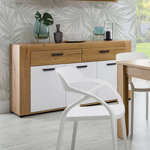 Dansmamaison Buffet 3 portes 2 tiroirs Blanc/Bois clair - ABOKI