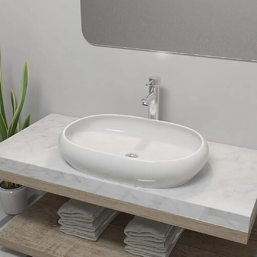 vidaXL Lavabo de salle de bain avec mitigeur Céramique Ovale Blanc