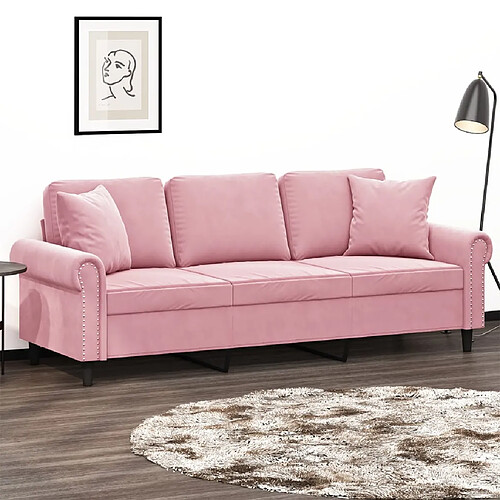 vidaXL Canapé 3 places avec oreillers décoratifs rose 180 cm velours