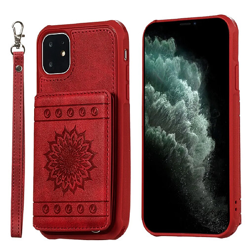 Wewoo Coque Pour iPhone 11 motif de gaufrage de tournesol PU + TPU cas avec titulaire et fentes cartes et cadre photo et lanière rouge