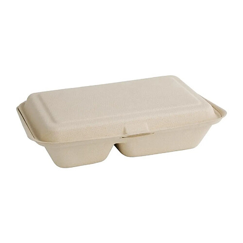 Aps Boîtes 2 Compartiments avec Couvercle à Charnière Compostables en Bagasse 253mm - Lot de 200 - Fiesta Green