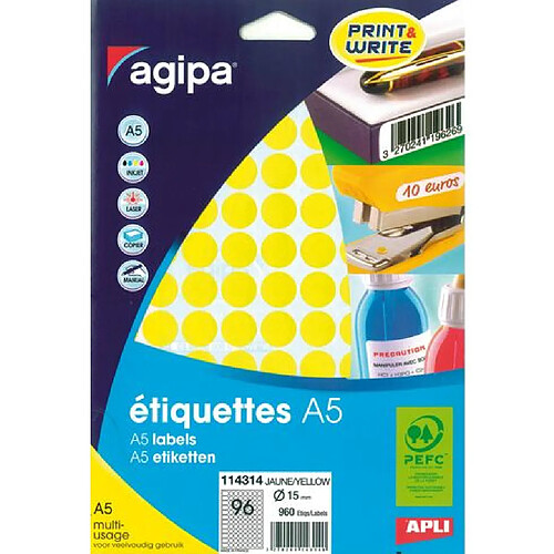 Pastille adhésive 15 mm Agipa 11431 jaune - pochette de 960