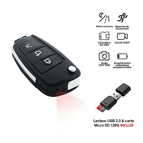 Mini Caméra Cachée Y3 Clé Voiture Full HD 1080P Détection de Mouvement Vision Nocturne Extérieur + Lecteur USB 2.0 + Carte SD 128G