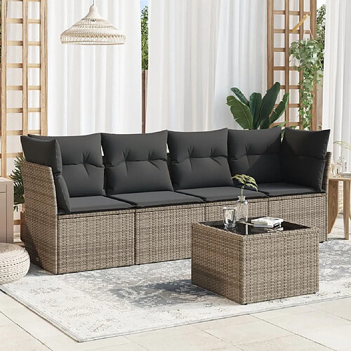 vidaXL Salon de jardin 5 pcs avec coussins gris résine tressée