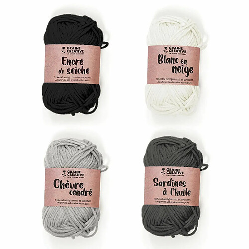 Graines Creatives 4 fils de coton spécial crochet 55 m - noir-gris foncé-gris-blanc