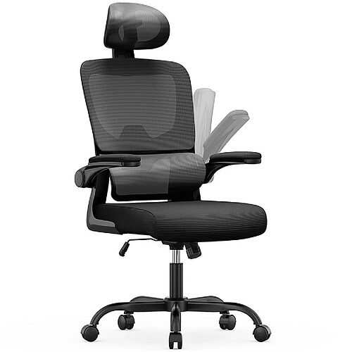 BIGZZIA Chaise de Bureau Ergonomique - Fauteuil - avec accoudoir rabattable à 90° - Support Lombaire Adaptatif - Réglable en hauteur