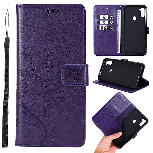 Etui en PU empreinte papillons flip avec support violet foncé pour votre Samsung Galaxy A11