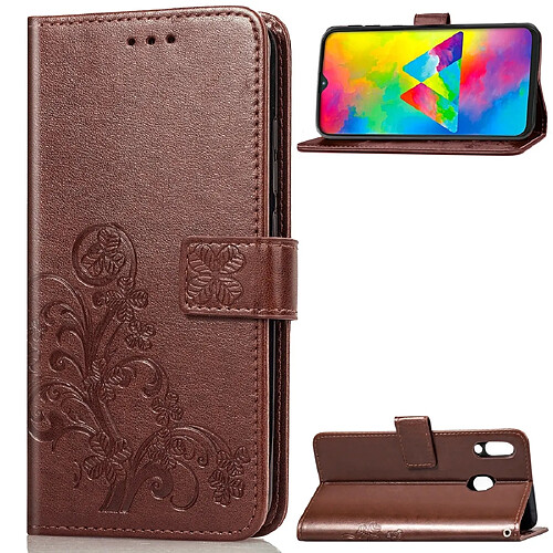 Wewoo Housse Coque Étui en cuir à Motif fleurs pressées Lucky Clover pour Galaxy M20avec porte-cartes et & Portefeuille et dragonne Marron